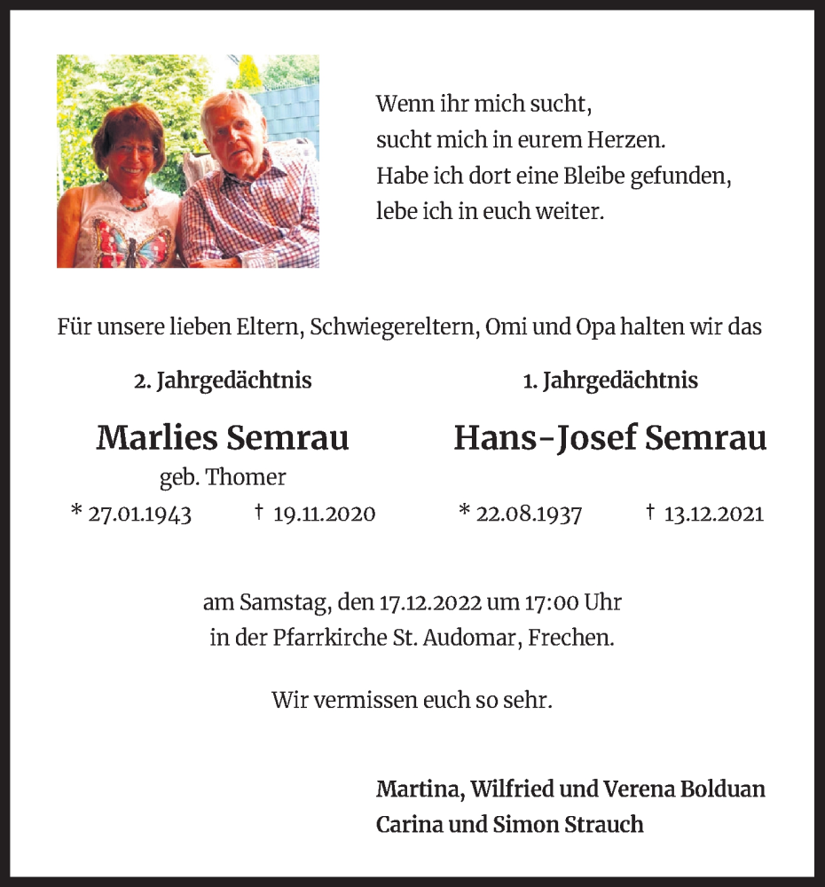  Traueranzeige für Marlies Semrau vom 10.12.2022 aus Kölner Stadt-Anzeiger / Kölnische Rundschau / Express