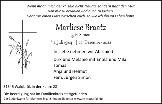 Anzeige von Marliese Braatz von  Lokalanzeiger 