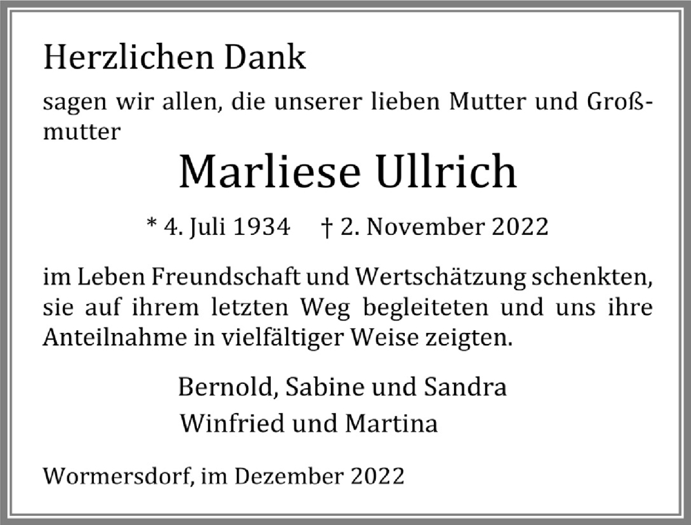  Traueranzeige für Marliese Ullrich vom 16.12.2022 aus  Schaufenster/Blickpunkt 