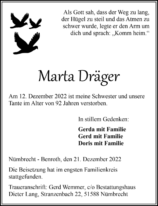 Anzeige von Marta Dräger von  Lokalanzeiger 