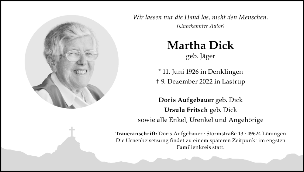  Traueranzeige für Martha Dick vom 28.12.2022 aus Kölner Stadt-Anzeiger / Kölnische Rundschau / Express