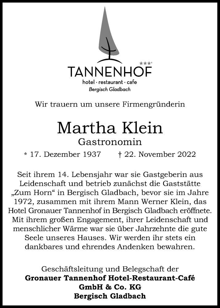  Traueranzeige für Martha Klein vom 03.12.2022 aus Kölner Stadt-Anzeiger / Kölnische Rundschau / Express