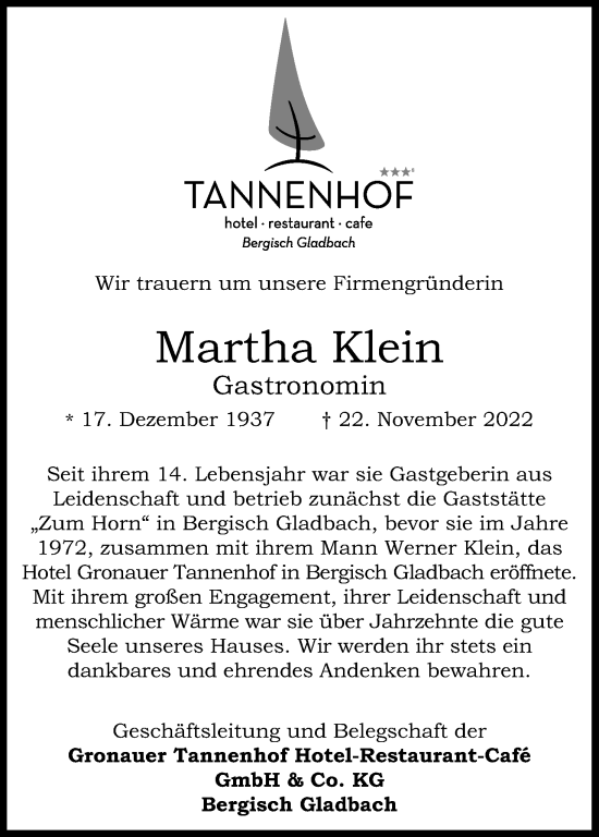 Anzeige von Martha Klein von Kölner Stadt-Anzeiger / Kölnische Rundschau / Express