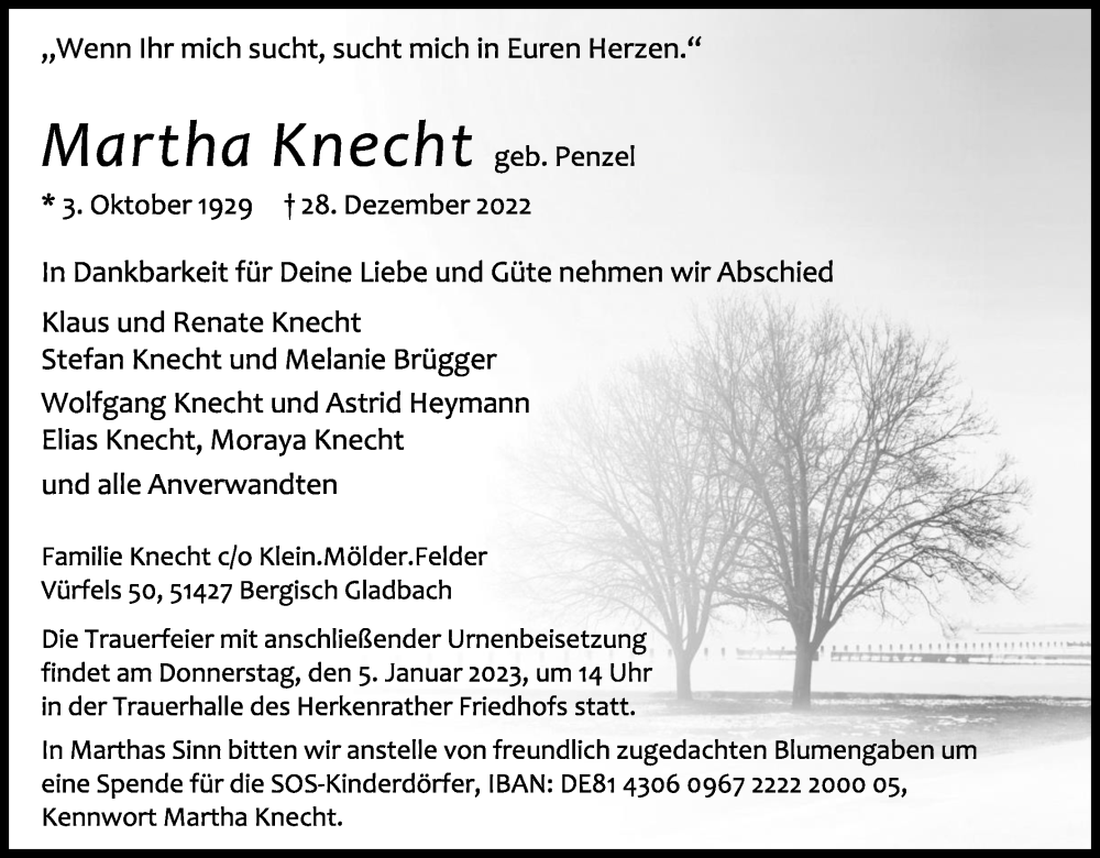  Traueranzeige für Martha Knecht vom 31.12.2022 aus Kölner Stadt-Anzeiger / Kölnische Rundschau / Express