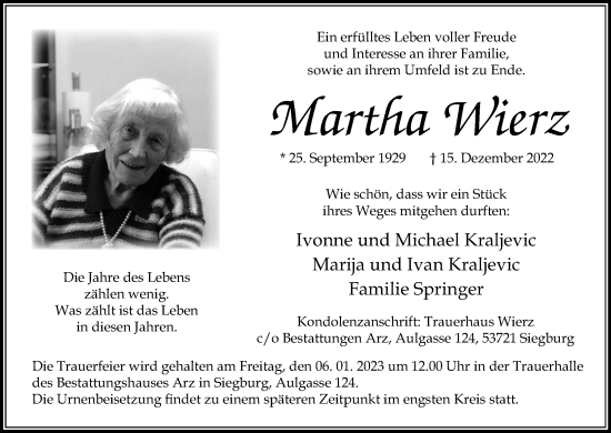 Anzeige von Martha Wierz von Kölner Stadt-Anzeiger / Kölnische Rundschau / Express