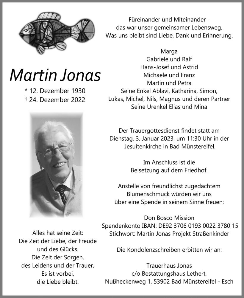  Traueranzeige für Martin Jonas vom 30.12.2022 aus  Blickpunkt Euskirchen 