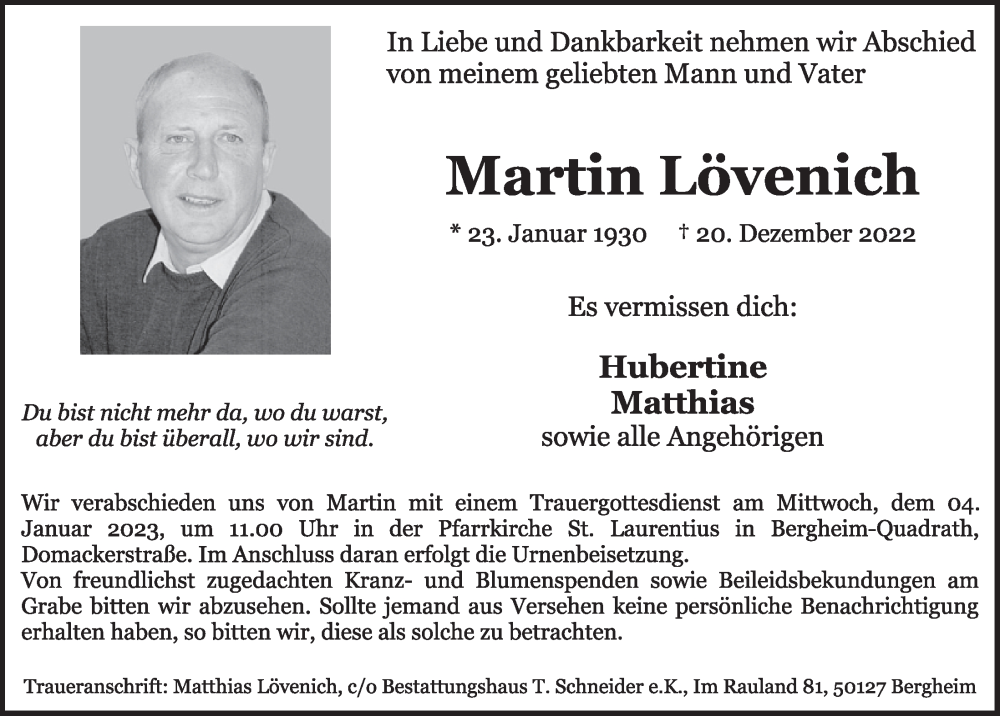  Traueranzeige für Martin Lövenich vom 29.12.2022 aus  Werbepost 