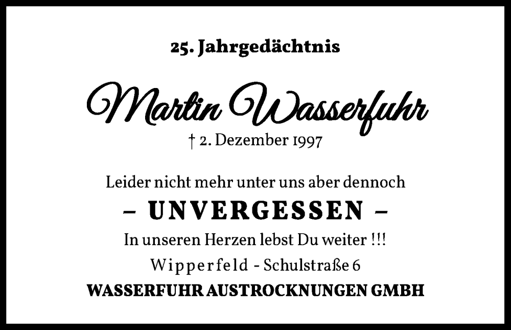  Traueranzeige für Martin Wasserfuhr vom 03.12.2022 aus Kölner Stadt-Anzeiger / Kölnische Rundschau / Express