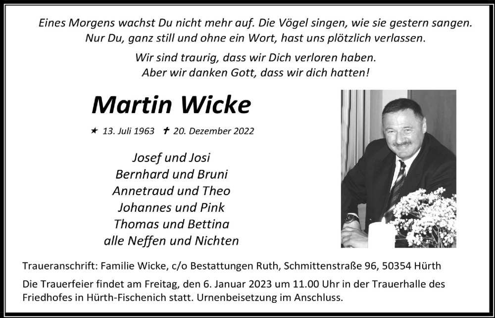  Traueranzeige für Martin Wicke vom 29.12.2022 aus  Wochenende 
