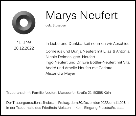 Anzeige von Marys Neufert von Kölner Stadt-Anzeiger / Kölnische Rundschau / Express