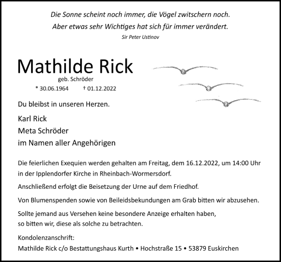 Anzeige von Mathilde Rick von  Schaufenster/Blickpunkt 