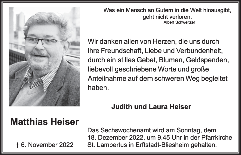  Traueranzeige für Matthias Heiser vom 09.12.2022 aus  Werbepost 