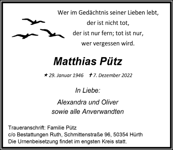 Anzeige von Matthias Pütz von  Wochenende 