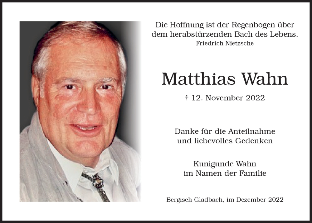  Traueranzeige für Matthias Wahn vom 09.12.2022 aus  Bergisches Handelsblatt 