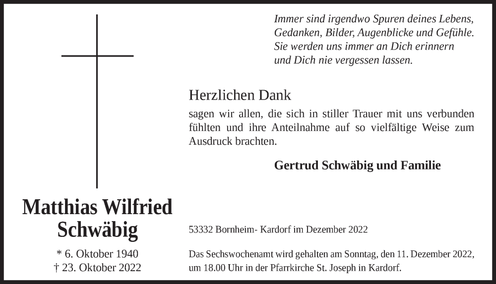  Traueranzeige für Matthias Wilfried Schwäbig vom 02.12.2022 aus  Schaufenster/Blickpunkt 