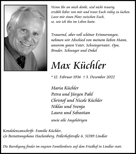 Anzeige von Max Küchler von Kölner Stadt-Anzeiger / Kölnische Rundschau / Express