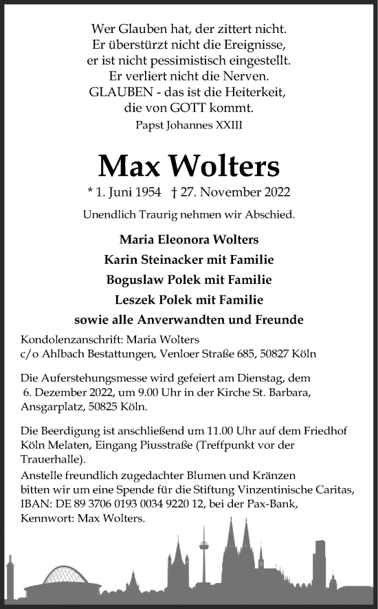 Anzeige von Max Wolters von Kölner Stadt-Anzeiger / Kölnische Rundschau / Express