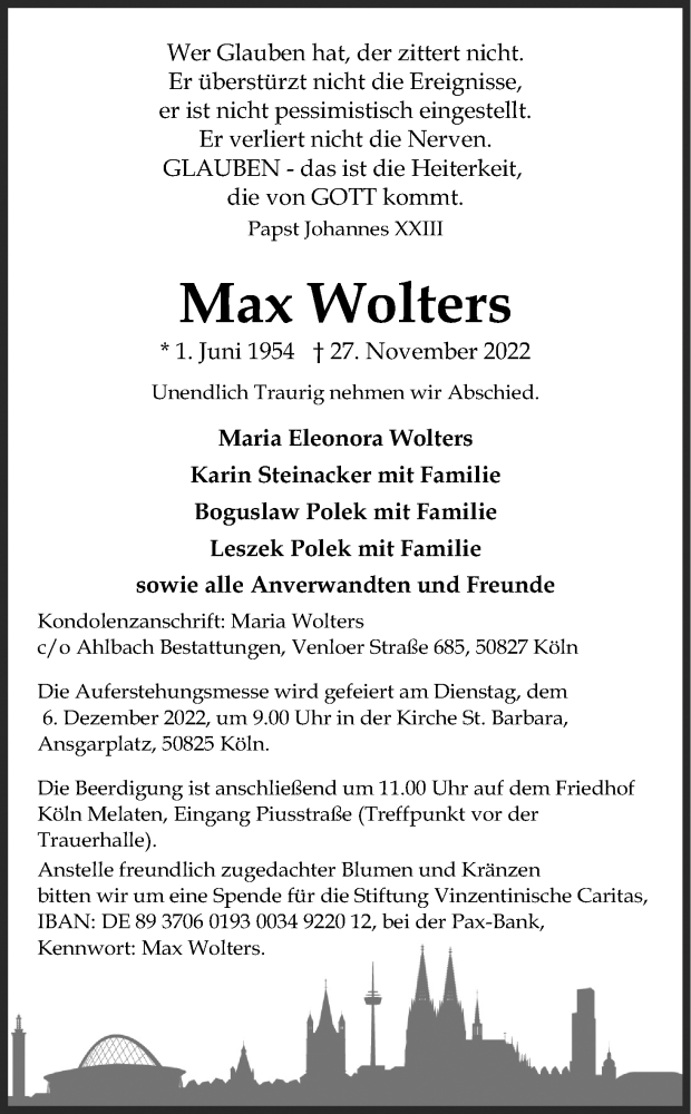  Traueranzeige für Max Wolters vom 03.12.2022 aus Kölner Stadt-Anzeiger / Kölnische Rundschau / Express