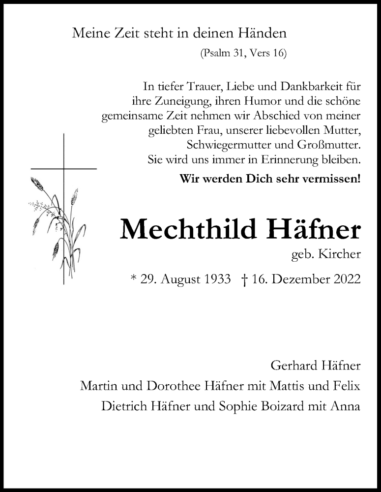  Traueranzeige für Mechthild Häfner vom 24.12.2022 aus Kölner Stadt-Anzeiger / Kölnische Rundschau / Express