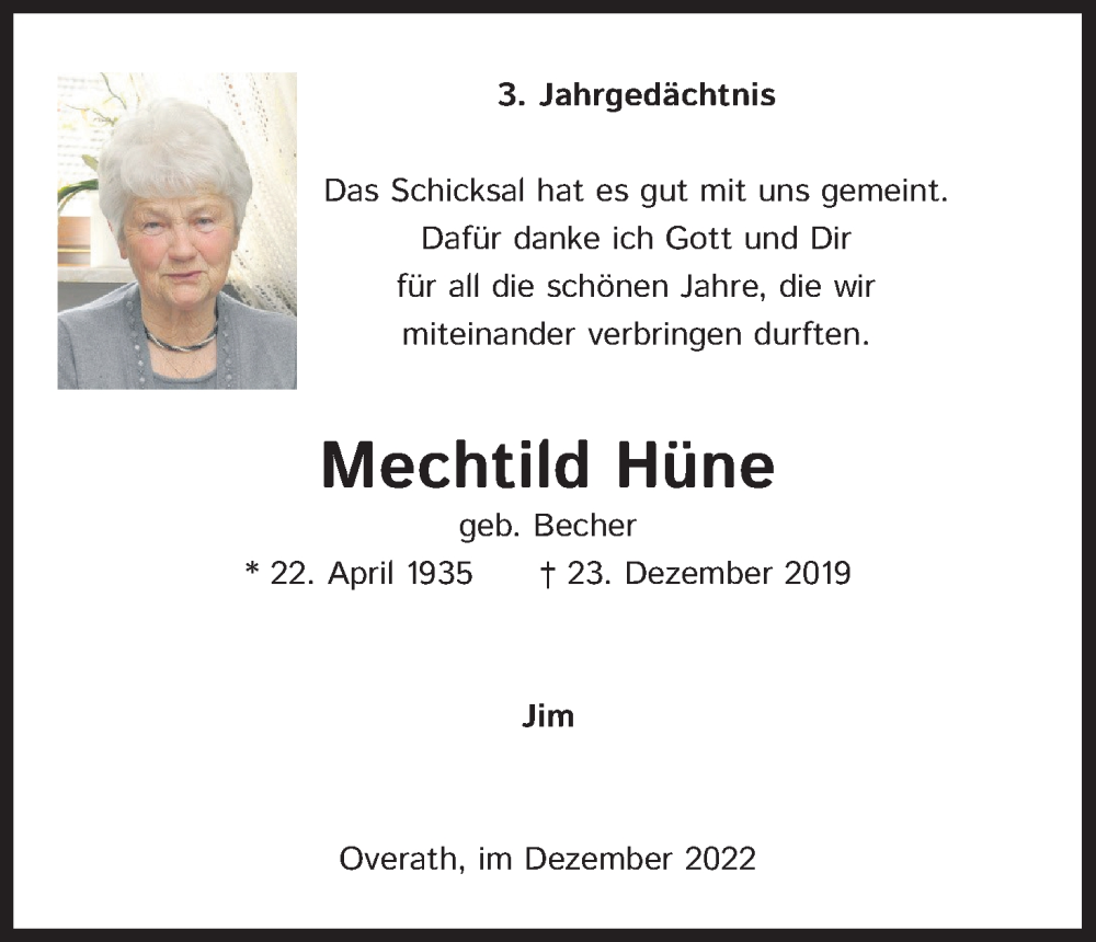  Traueranzeige für Mechtild Hüne vom 24.12.2022 aus Kölner Stadt-Anzeiger / Kölnische Rundschau / Express