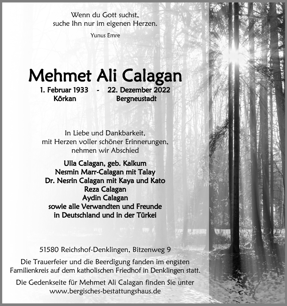  Traueranzeige für Mehmet Ali Calagan vom 31.12.2022 aus Kölner Stadt-Anzeiger / Kölnische Rundschau / Express