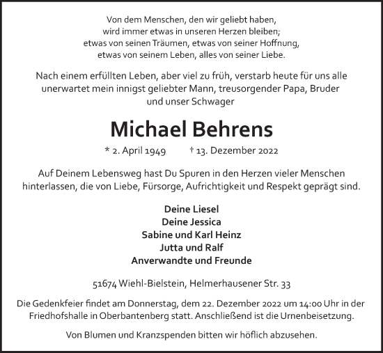 Anzeige von Michael Behrens von Kölner Stadt-Anzeiger / Kölnische Rundschau / Express