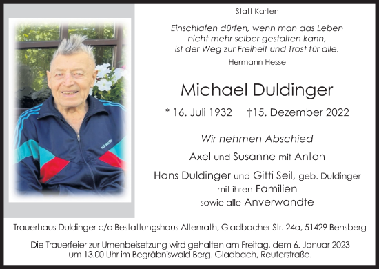 Anzeige von Michael Duldinger von Kölner Stadt-Anzeiger / Kölnische Rundschau / Express
