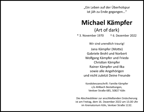 Anzeige von Michael Kämpfer von Kölner Stadt-Anzeiger / Kölnische Rundschau / Express