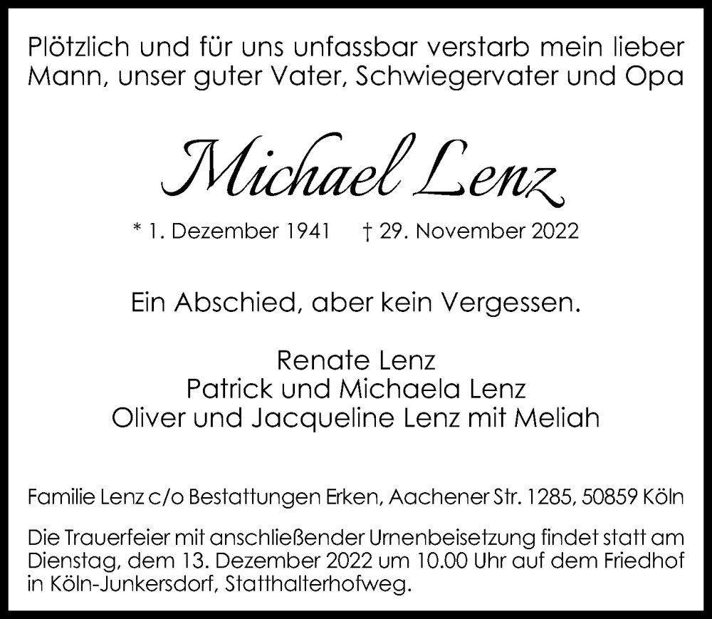  Traueranzeige für Michael Lenz vom 09.12.2022 aus  EXPRESS - Die Woche 