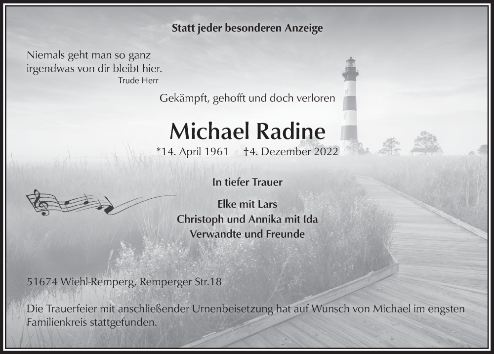  Traueranzeige für Michael Radine vom 09.12.2022 aus  Anzeigen Echo 