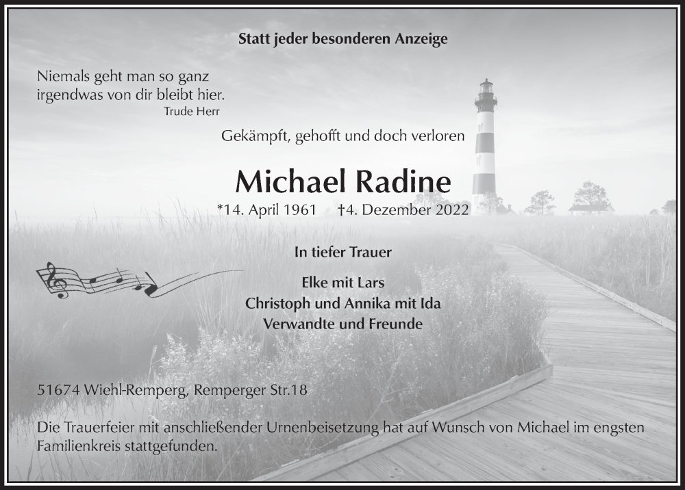  Traueranzeige für Michael Radine vom 22.12.2022 aus  Anzeigen Echo 