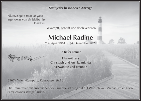 Anzeige von Michael Radine von  Anzeigen Echo 