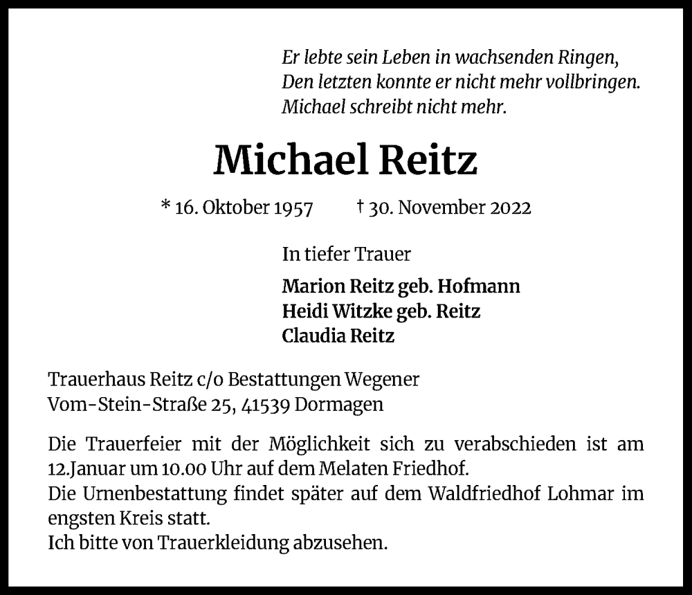  Traueranzeige für Michael Reitz vom 30.12.2022 aus Kölner Stadt-Anzeiger / Kölnische Rundschau / Express