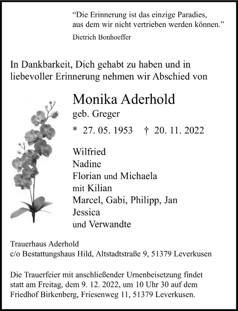  Traueranzeige für Monika Aderhold vom 02.12.2022 aus  Lokale Informationen 