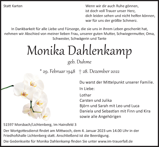 Anzeige von Monika Dahlenkamp von Kölner Stadt-Anzeiger / Kölnische Rundschau / Express