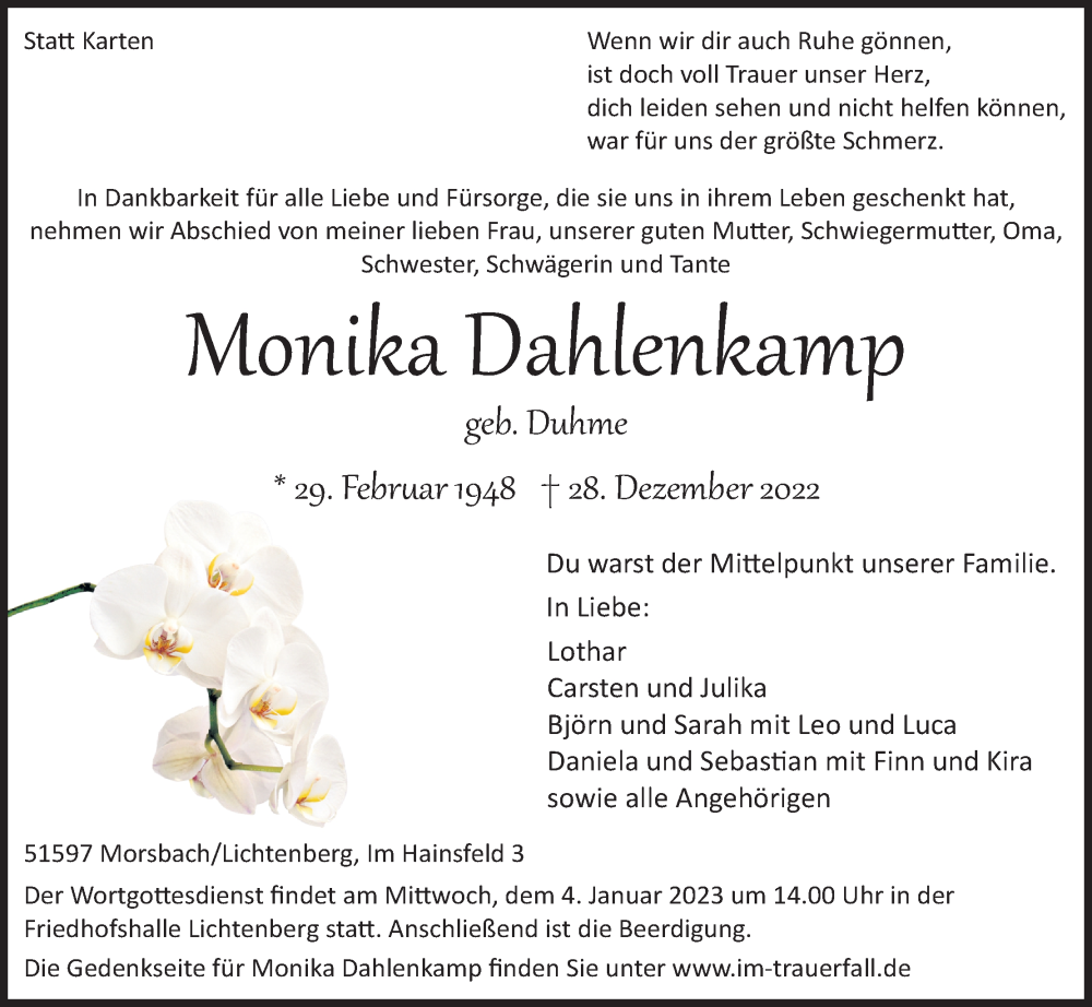  Traueranzeige für Monika Dahlenkamp vom 31.12.2022 aus Kölner Stadt-Anzeiger / Kölnische Rundschau / Express