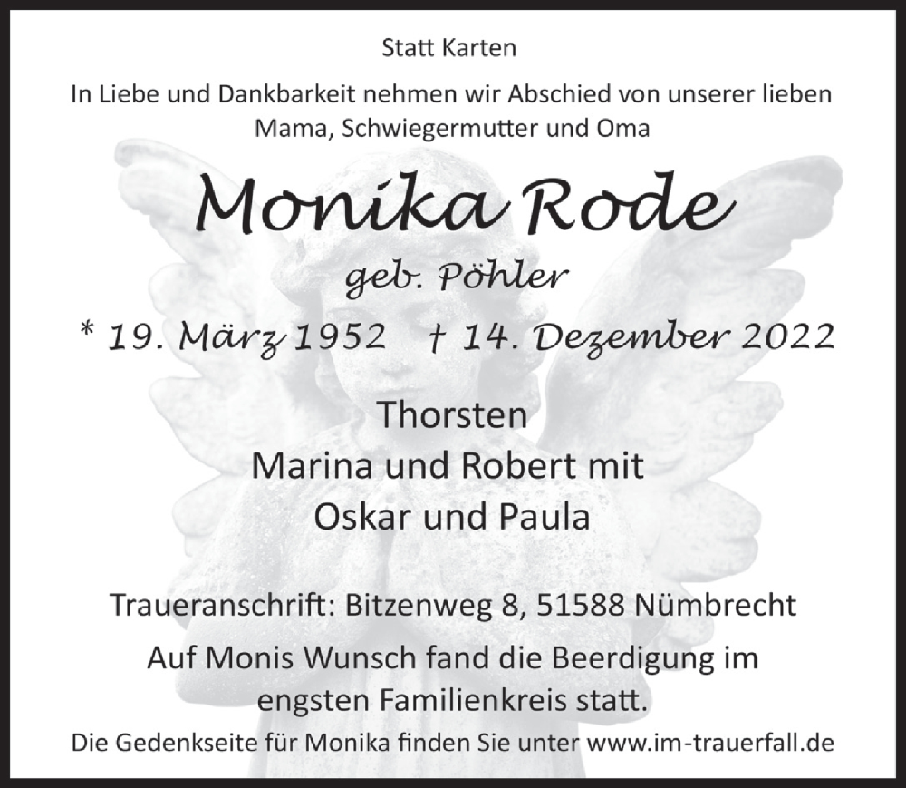  Traueranzeige für Monika Rode vom 22.12.2022 aus  Lokalanzeiger 