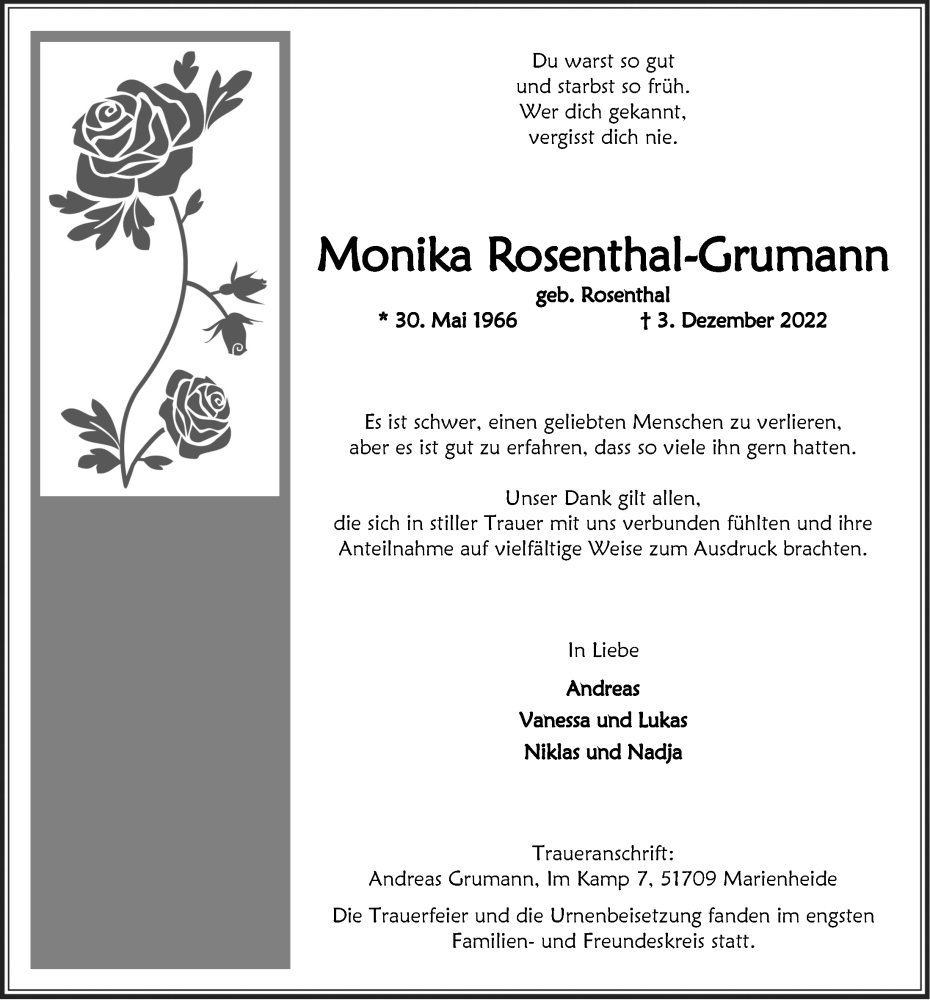  Traueranzeige für Monika Rosenthal-Grumann vom 16.12.2022 aus  Anzeigen Echo 
