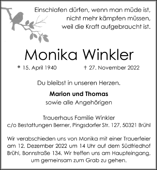 Anzeige von Monika Winkler von  Schlossbote/Werbekurier 