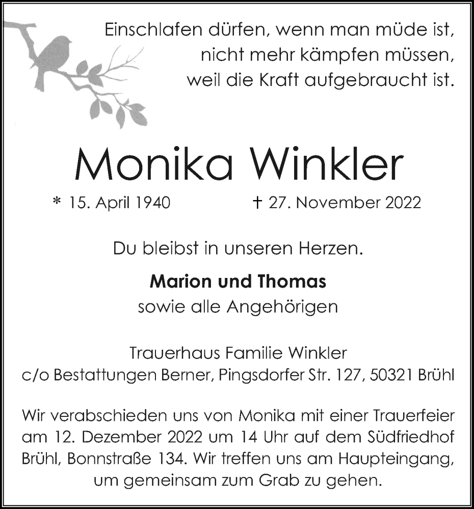  Traueranzeige für Monika Winkler vom 03.12.2022 aus Kölner Stadt-Anzeiger / Kölnische Rundschau / Express
