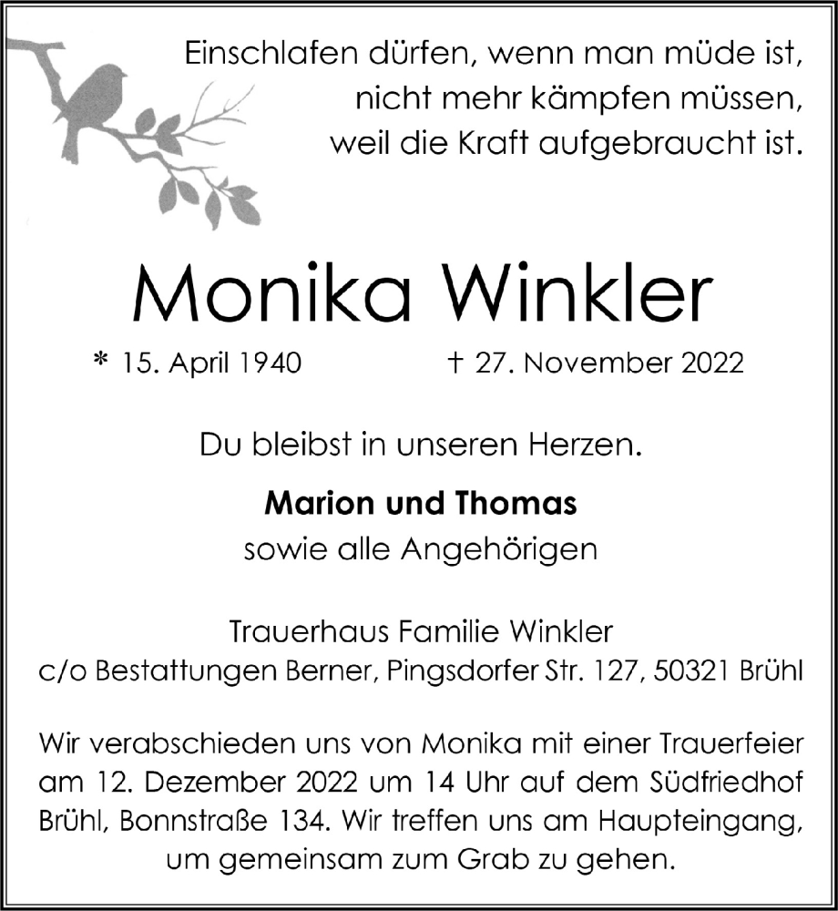  Traueranzeige für Monika Winkler vom 02.12.2022 aus  Schlossbote/Werbekurier 