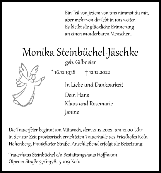 Anzeige von Monika Steinbüchel Steinbüchel-Jäschke von Kölner Stadt-Anzeiger / Kölnische Rundschau / Express