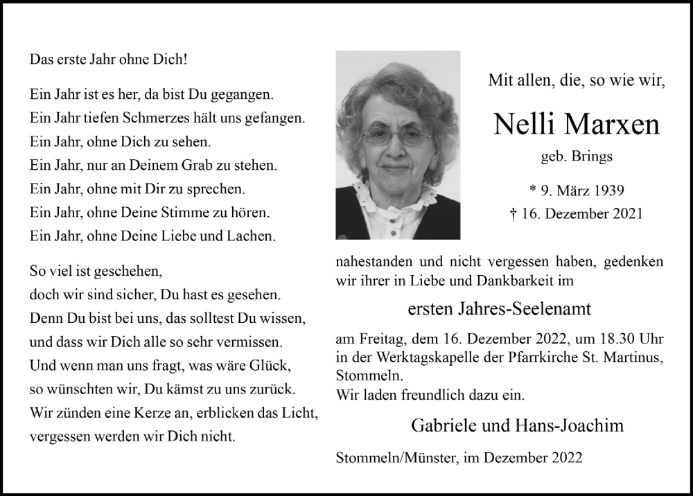  Traueranzeige für Nelli Marxen vom 09.12.2022 aus  Wochenende 