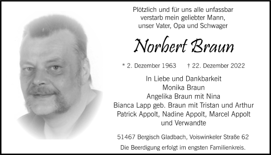 Anzeige von Norbert Braun von  Bergisches Handelsblatt 