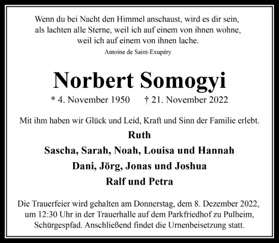 Anzeige von Norbert Somogyi von  Wochenende 
