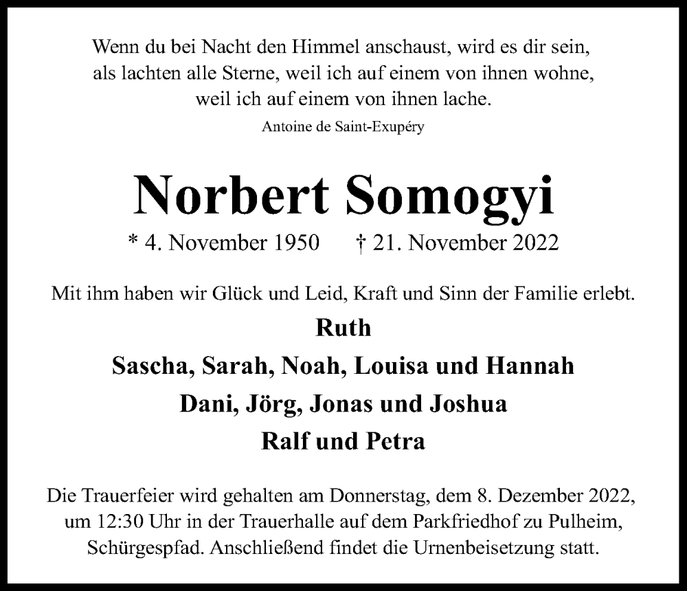  Traueranzeige für Norbert Somogyi vom 03.12.2022 aus Kölner Stadt-Anzeiger / Kölnische Rundschau / Express