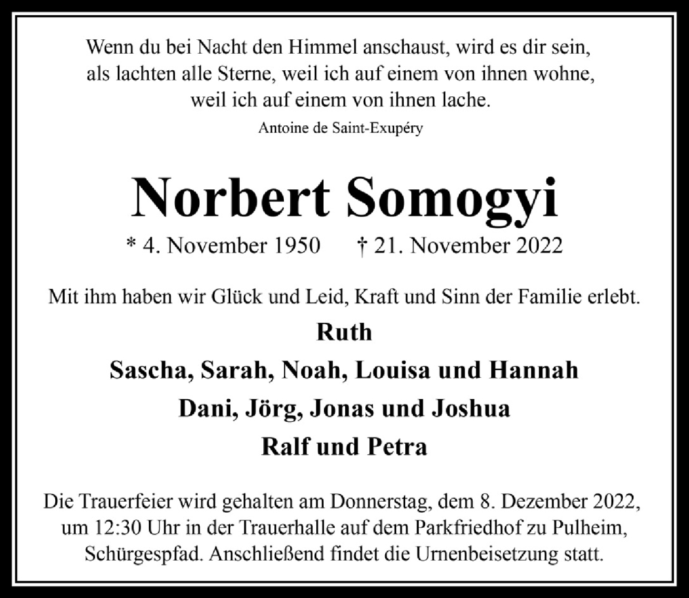  Traueranzeige für Norbert Somogyi vom 02.12.2022 aus  Wochenende 
