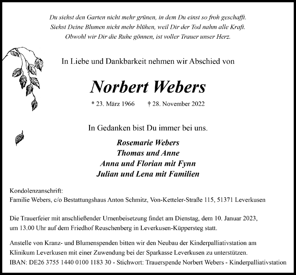  Traueranzeige für Norbert Webers vom 22.12.2022 aus  Lokale Informationen 