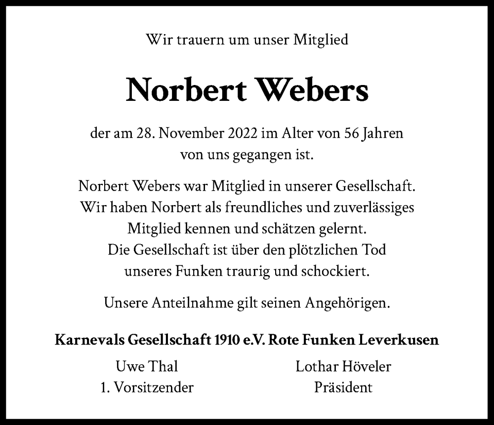  Traueranzeige für Norbert Webers vom 24.12.2022 aus Kölner Stadt-Anzeiger / Kölnische Rundschau / Express