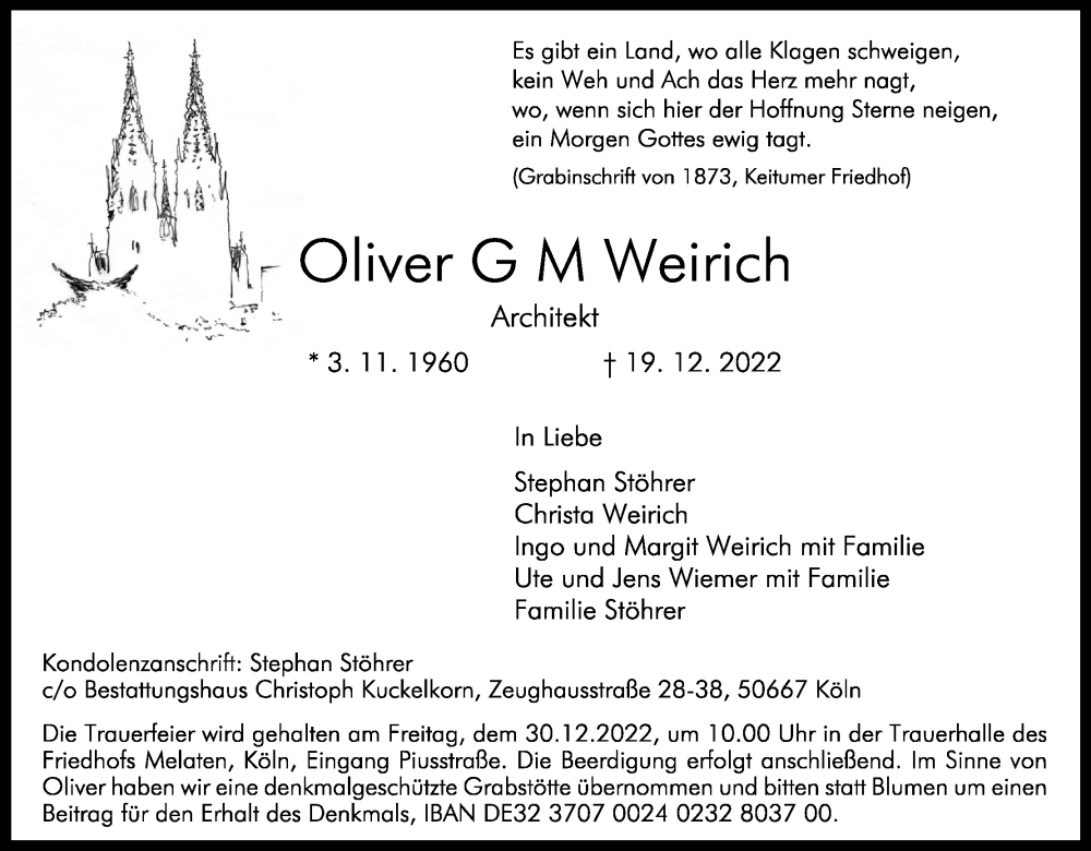  Traueranzeige für Oliver G. M. Weirich vom 24.12.2022 aus Kölner Stadt-Anzeiger / Kölnische Rundschau / Express